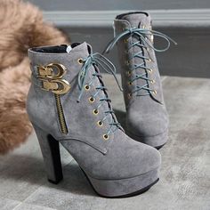 Featuring a faux-suede feel, with a lace-up design, buckle detail, zippered side a chunky heel approximately 4.5" long and an approximate 1.5" platform. Comes in three fabulous colors from which to choose. Boots With Platform, Brown Suede Ankle Boots, Sporty Shoes, Lace Up High Heels, Platform High Heel Shoes, Designer High Heels, Boots Casual, High Heel Boots Ankle, Platform High Heels