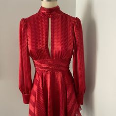 Silky And Soft Beautiful Date Dress/ Cocktails / Holidays It Zippers All The Way In The Back But Didn’t Wanna Force It On The Mannequin Bc The Fabric Didn’t Stretch Bust 34 Waist 28 Length 30 Shoulder To Bottom Waist To Bottom 17.5 Size S Sleeve Length From Under Arm To Wrist 28 Great Condition ! Chic Red Silk Dress For Party, Red Silk A-line Midi Dress, Red Silk Dress For Party, Red Silk Midi Dress For Dinner, Chic Fitted Red Silk Dress, Red Silk Party Dress, Red Fitted Silk Midi Dress, Fitted Red Silk Midi Dress, Red Silk Long Sleeve Midi Dress