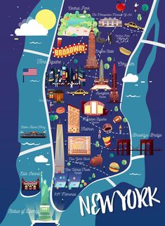 the new york city map is shown in blue and has many different things on it