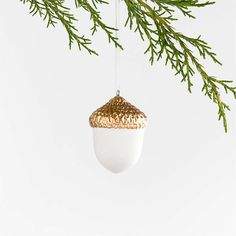 an ornament hanging from a tree branch with pine needles and gold foil on it