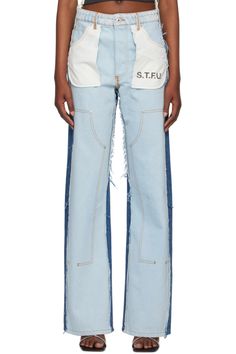 Blue Washed Insideout Carpenter Jeans by Heron Preston on Sale Cutoff Jeans In Recycled Denim With Five Pockets, Blue Jeans With Frayed Hem And Recycled Denim, Cutoff Recycled Denim Jeans, Blue Jeans With Contrast Stitching In Rigid Denim, Cutoff Denim Jeans With Five Pockets, Cutoff Jeans In Recycled Denim, Blue Cutoff Flare Jeans With Five Pockets, Spring Straight Leg Deconstructed Jeans, Cutoff Recycled Denim Jeans With Pockets