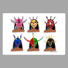 six different colored masks are on display in front of a white background with black and red accents