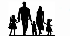 a family silhouetted against a white background holding hands and walking away from the camera