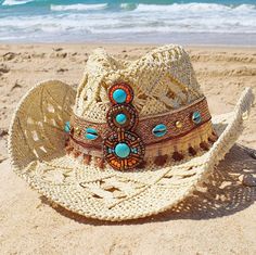 cowgirl summer hat   Decorated in a bohemian style.   Unique design  Also wear it during the day on vacation or to the beach, and also in the evening Hat size: 56 cm *Suitable for a small head circumference Beige Straw Hat For Western-themed Summer Events, Summer Hats With Short Brim For Western-themed Events, Southwestern Brimmed Sun Hat For Rodeo, Western Brimmed Vacation Hats, Summer Fedora Hat Bands For Western-themed Events, Southwestern Summer Hats For Country Events, Southwestern Style Summer Hats For Country Events, Southwestern Style Hats For Country Events In Summer, Southwestern Short Brim Sun Hat For Summer