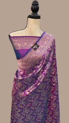 Pure Katan Silk Banarasi Handloom Saree - All over Sona Roopa Jaal work Purple Jamawar Saree, Fitted Purple Dupatta With Zari Weaving, Purple Brocade Saree With Dupatta, Transitional Purple Brocade Dupatta, Purple Jamawar Saree For Transitional Season, Transitional Purple Jamawar Saree, Transitional Season Purple Jamawar Saree, American Diamond Jewellery, Wedding Silk Saree