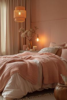 a bedroom with pink walls and bedding in the corner, lit by two lamps