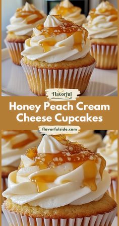 honey peach cream cheese cupcakes with frosting on top