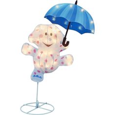 a light up teddy bear holding an umbrella on a white stand with lights around it