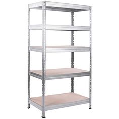 four tier shelving unit with beige shelves on each side and two white shelves on the other