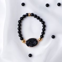 This gorgeous BLACK ONYX BRACELET with sparkling BLACK DRUZY STONE is from our very special Black Onyx collection.  Wear this bracelet when you are starting your own business, when signing a contract, when public speaking or if you are trying to lose weight, as it gives you self-control, strengthens will-power and self-discipline, increases your confidence and reduces stress (you will find more information about the power of Black Onyx stone in the collectible card which comes FOR FREE with ever Black Onyx Bracelet, Druzy Jewelry, Birthstone Bracelet, Druzy Quartz, Black Onyx Stone, Jewelry Black, Onyx Bracelet, Bracelet Women, Zodiac Capricorn