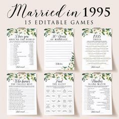 30th Anniversary Party Games for Couples Greenery Wedding Party Games Married in 1995 Floral Anniversary Find the Guest Bingo Templates WR1