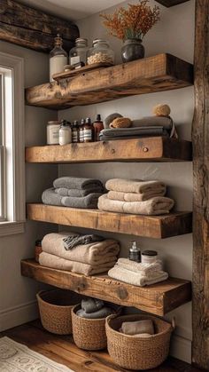 some shelves with towels and other items on them