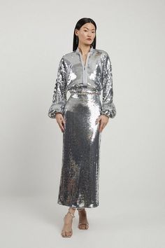 Sequin Front Split Woven Midi Skirt | Karen Millen Long Sleeve Sequin Midi Dress, Sequin Dress With Boots Midi, Sequins Midi Skirt, Casual Work Pants, Tall Skirt, Skirt Collection, Outfits For Mexico, Spring Wedding Guest Dress, Business Casual Summer