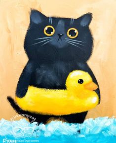 a painting of a cat sitting on top of a yellow rubber duck in the water