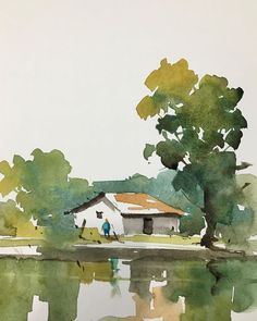 a watercolor painting of people walking on the shore of a lake in front of a house