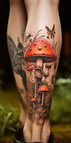 tattoos on the legs of a woman with an orange mushroom and butterflies around her leg