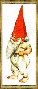 a painting of a gnome with a red hat and white pants holding his arms crossed