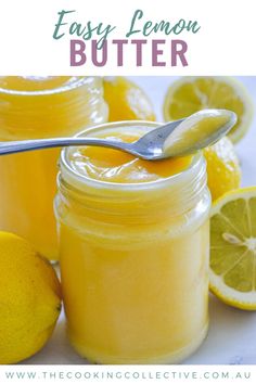 lemon butter in mason jars with a spoon on top and the words easy lemon butter above it