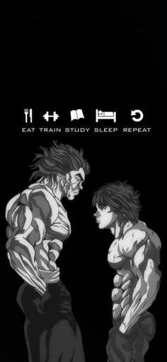 two anime characters standing next to each other in front of a black background with the words eat train study sleep repeat