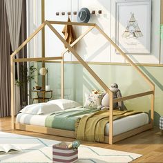 a bed with a wooden frame in a room