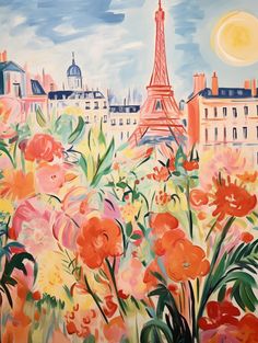 a painting of the eiffel tower in paris with flowers and buildings behind it