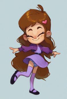 a cartoon girl with long brown hair and purple dress is flying through the air, smiling