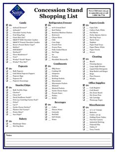 a printable shopping list with the words,'concession stand shopping list'on it