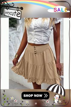 Apricot Buttoned Mid-waist A-line Mini Skirt Flowy Solid Color Mini Skirt, Solid Color Flowy Mini Skirt, Ruffled Flared Mini Skirt, Casual Flowy A-line Mini Skirt, Casual A-line Flowy Mini Skirt, Summer Full Mini Skirt In Solid Color, Solid Color Full Mini Skirt For Summer, A-line Summer Skort, Casual A-line Mini Skirt In Solid Color