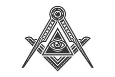 an all seeing eye with two crossed swords in front of it, on a white background