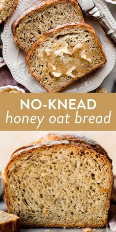 no knead honey oat bread on a white plate with the words, no knead honey oat bread