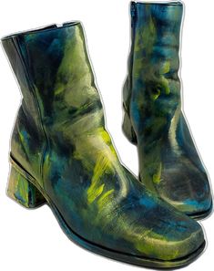 Fall Green Heeled Boots With Reinforced Heel, Green Boots With Stacked Heel And Round Toe, Green Square Toe Boots With Reinforced Heel, Green Boots With Reinforced Heel And Square Toe, Green Square Toe Boots For Fall, High-top Leather Boots With Stacked Heel, Leather High-top Boots With Stacked Heel, Green Medium Width Ankle Boots, Green Boots With Reinforced Heel And Medium Width