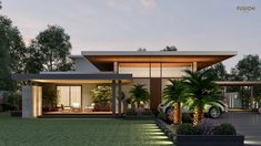 a modern house with palm trees in the front yard at sunset or dawn, rendering