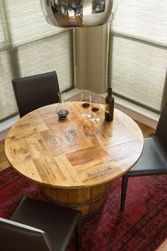 a round wooden table with two black chairs and a wine glass on it in front of a window