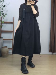 Styles:	Street
Material:	100% Cotton
Clothing Length:	Mid-Calf
Sleeve Length:	Sleeveless
Collar:	Square Collar
Pattern:	Solid Color
Season:	Spring/Fall

#overall #dress #aline #black Fall Overall Dress, Pinafore Outfit, Overall Dresses, Black Overall Dress, Calf Sleeve, Oversized Shirt Dress, Color Season, Cotton Clothing, Caftan Dress