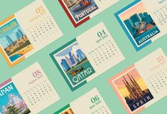 a wall calendar with different images of the countries on it's sides, all in bright colors