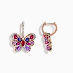 Effy 14K Rose Gold Multi-Stone and Diamond Butterfly Drop Earrings