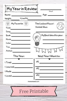 the year in review worksheet is shown with an image of a light bulb