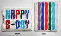 two pieces of crochet with the words happy birthday on them and one is made out of yarn