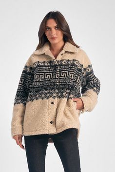 Embrace warmth and style with the Jones Sherpa Coat. Crafted from soft sherpa fabric, this button-up coat features an Aztec design for a touch of uniqueness. The super cozy feel makes it perfect for chilly days, while its distinctive design ensures you stand out in any crowd. With its blend of comfort and fashion, the Jones Coat is a must-have addition to your cold-weather wardrobe. Coated Leggings, Acid Wash Denim Jacket, Sherpa Fabric, Sherpa Coat, Color Block Jacket, Aztec Design, Acid Wash Denim, Aztec Designs, Sherpa Jacket