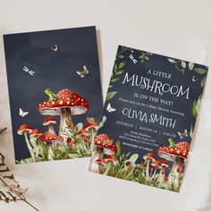 two wedding cards with mushrooms on them