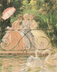 three women in dresses standing on a bridge with swans