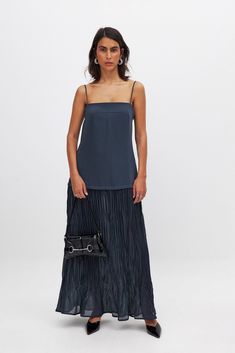 Sheer Plisse Skirt Slip Dress Navy | NA-KD Sheer Material, Na Kd, Jersey Dress, Side Zipper, Blue Dresses, Slip Dress, Dress Outfits, Midi Dress, Maxi Dress