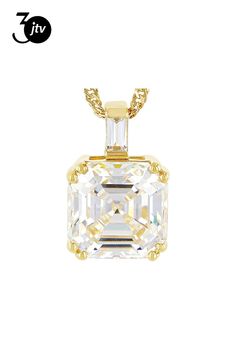 6.25ct asscher cut lab created   Strontium Titanate and .11ctw baguette white zircon, 18k yellow gold over sterling silver pendant with 18 inch Singapore chain. Measures approximately 9/16" L x 3/8" W and has lobster clasp with 2 inch extender. Accent stones primarily zircon. Gold Necklace With Asscher Cut For Formal Occasions, Gold Asscher Cut Necklace For Formal Occasions, Formal Gold Asscher Cut Necklace, Luxury Cubic Zirconia Emerald Cut Jewelry, Classic Rectangular Cubic Zirconia Jewelry, Yellow Gold Jewelry With Baguette Diamonds As A Gift, Yellow Gold Jewelry With Baguette Diamonds For Gift, Dazzling Asscher Cut Gemstone Jewelry, Elegant Asscher Cut Jewelry For Gifts