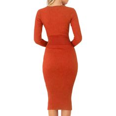 Orange V Neck Long Sleeve Dress with Belt Ribbed Dresses For Fall Day Out, Ribbed Dresses For Day Out In Fall, Casual Bodycon Dress For Work In Fall, Fall Day Out Ribbed Dresses, Chic Solid Color Bodycon Dress For Fall, Casual Solid Color Bodycon Dress For Fall, Fall Knee-length Solid Color Bodycon Dress, Fall Knee-length Bodycon Dress For Day Out, Firm Fit V-neck Bodycon Dress For Fall