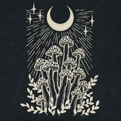 an illustration of mushrooms with the moon in the background and stars above them on a black background