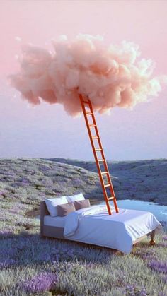 a ladder is attached to a bed in the middle of a field with lavender flowers