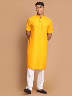 Vastramay mens mustard color solid kurta with white pant style cotton pyjama set Unstitched Cotton Churidar, Casual Yellow Kurta For Eid, Traditional Solid Cotton Kurta, Traditional Full-length Kurta For Diwali, Traditional Cotton Straight Kurta Bottoms, Traditional Straight Kurta In Cotton, Stylish Kurta, White Pant, Kurta Pyjama