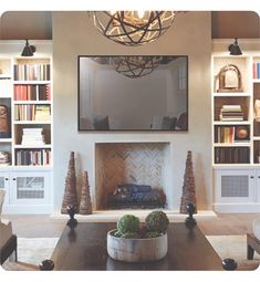 a living room filled with lots of furniture and a fire place in the middle of it