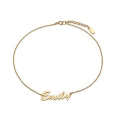 For your starlet, this Personalized anklet is a camera-ready summertime look. Crafted in your choice of white sterling silver or with 18K gold plate, this chic choice showcases a name - up to nine characters in length - sculpted in a Hollywood-style script font. Polished to a bright shine, this 9.0-inch cable chain anklet, with 1.0-inch extender, secures with a spring-ring clasp. Name Anklet, Hollywood Fashion, Personalized Bracelets, Chain Anklet, Script Font, Cable Chain, Spring Rings, Personalized Jewelry, Anklets