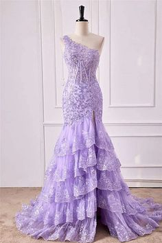 Purple Ruffled Evening Dress For Prom, Purple Ruffled Evening Dress, Purple Mermaid Hem Dress With Ruffles, Purple Ruffle Mermaid Hem Dress, Prom Season Fishtail Mermaid Dress With Ruffles, Purple Ruffled Dress With Mermaid Hem, Fitted Purple Mermaid Dress With Ruffles, Purple Fishtail Dress For Prom Season, Purple Fitted One-shoulder Gown